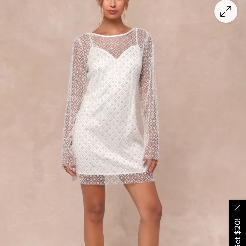 Lulu's White Beaded Long Sleeve Dress